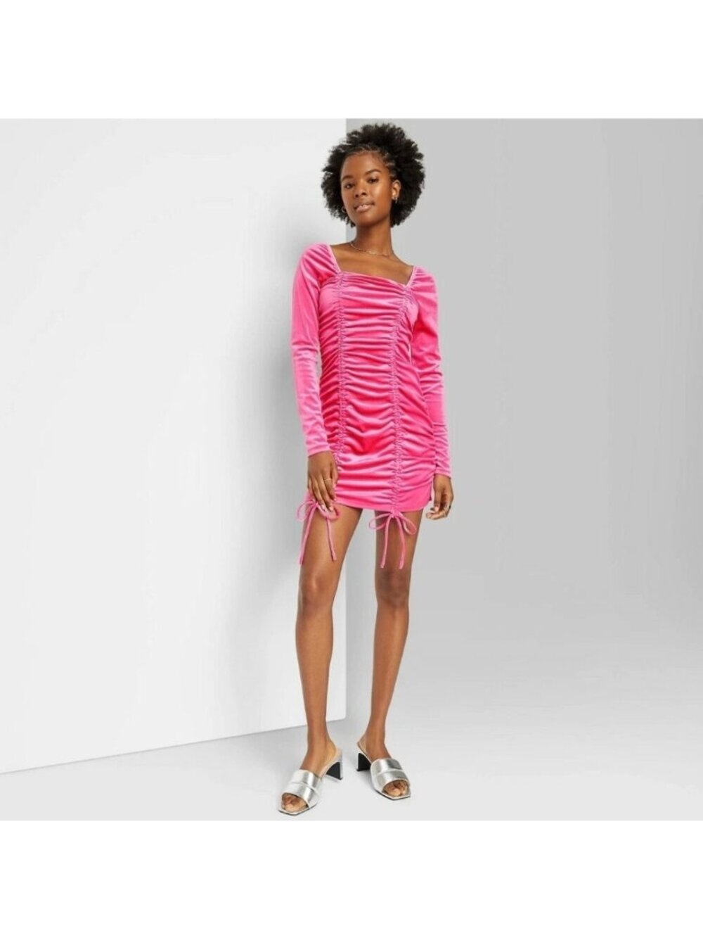 Wild Fable Long Sleeve Ruched Velvet Bodycon Dress Pink Size Large Velour Adjust